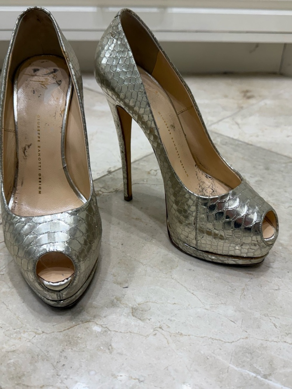 Giuseppe Zanotti Champagne Metallic Snakeskin Peep-Toe Stilettos